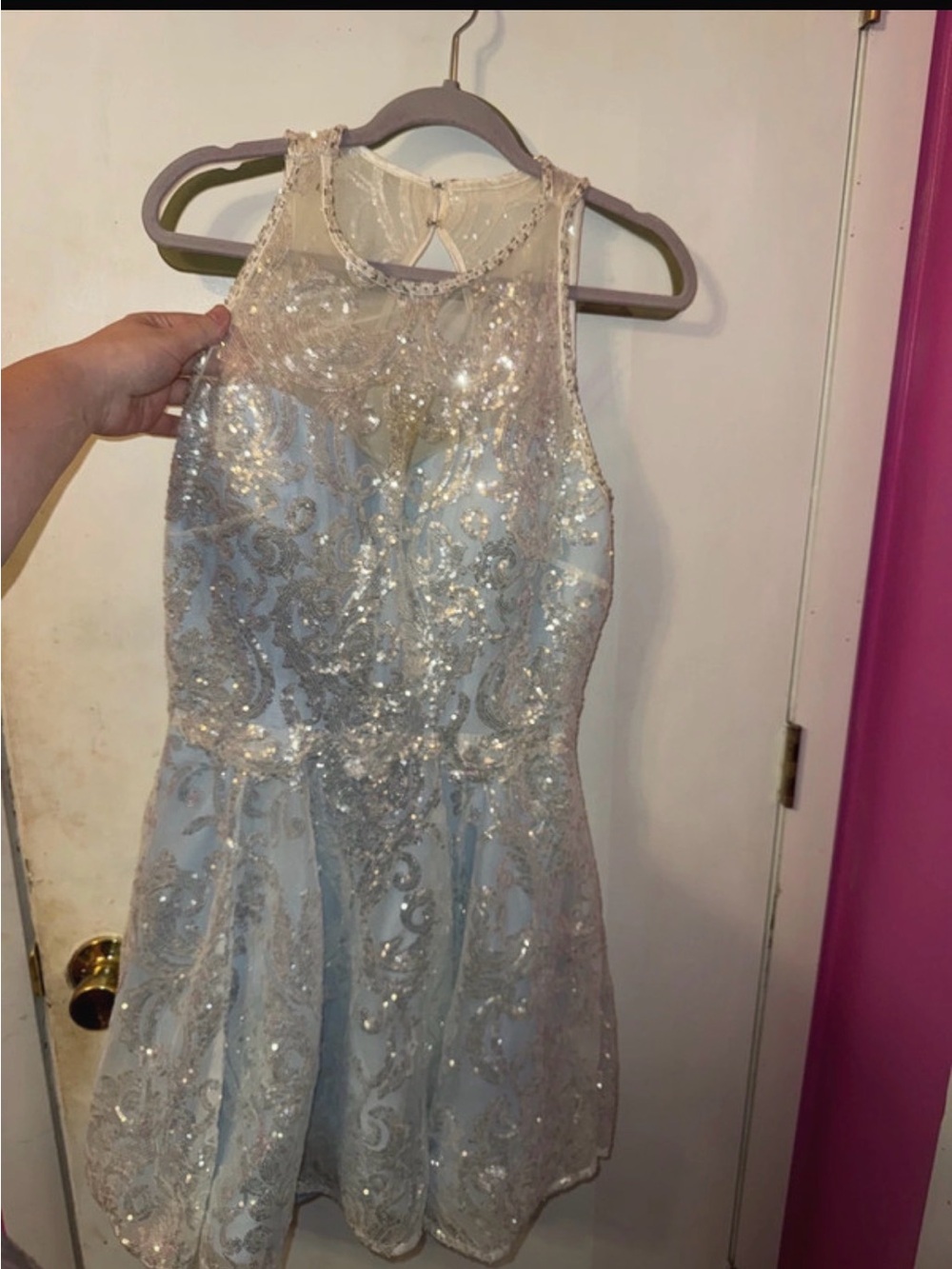 Sparkle Lace Fit & Flare Homecoming Dress - Silver